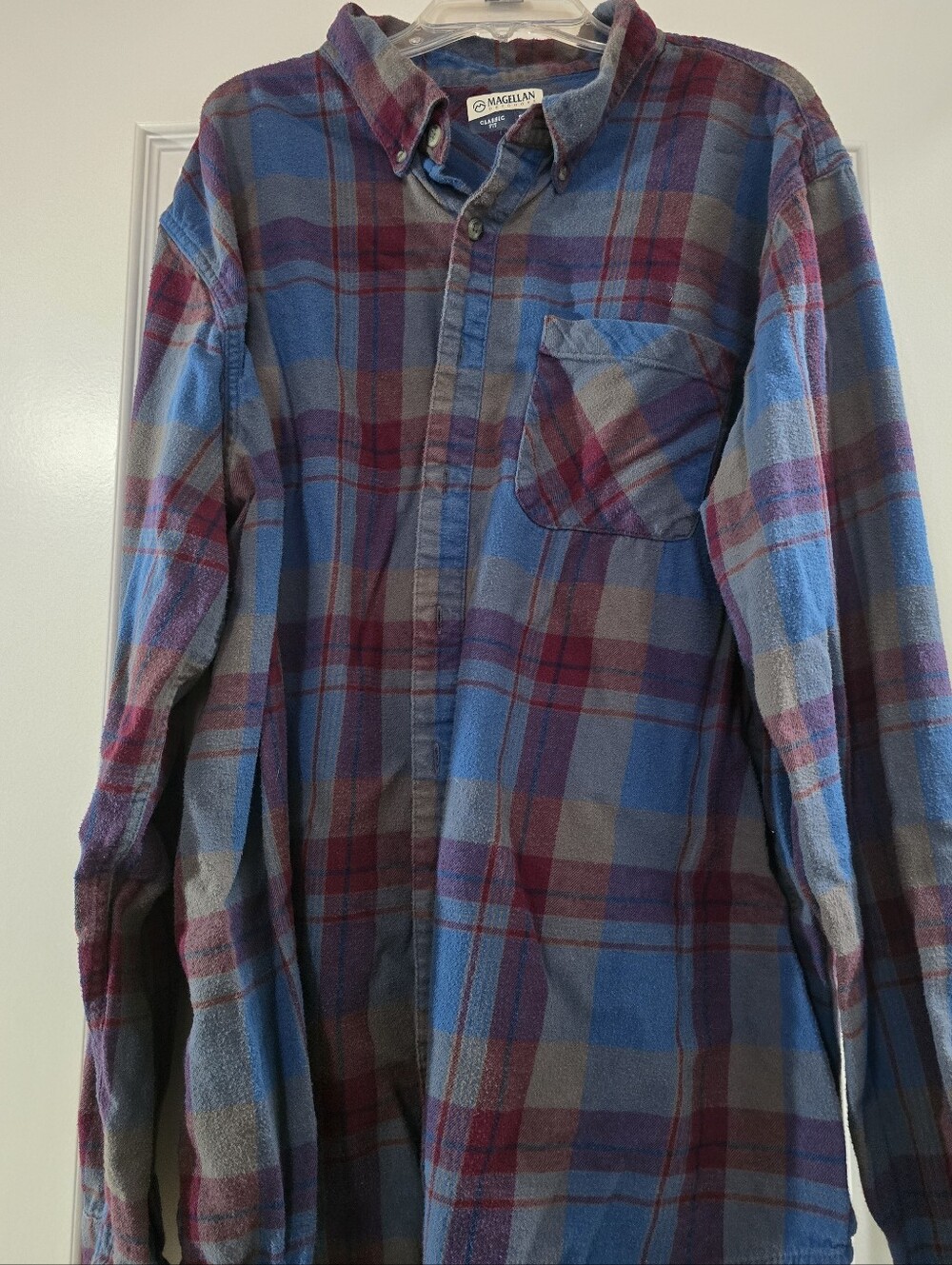 Magellan Outdoors Men's Blue and Maroon Plaid Cotton Button-Down Shirt
